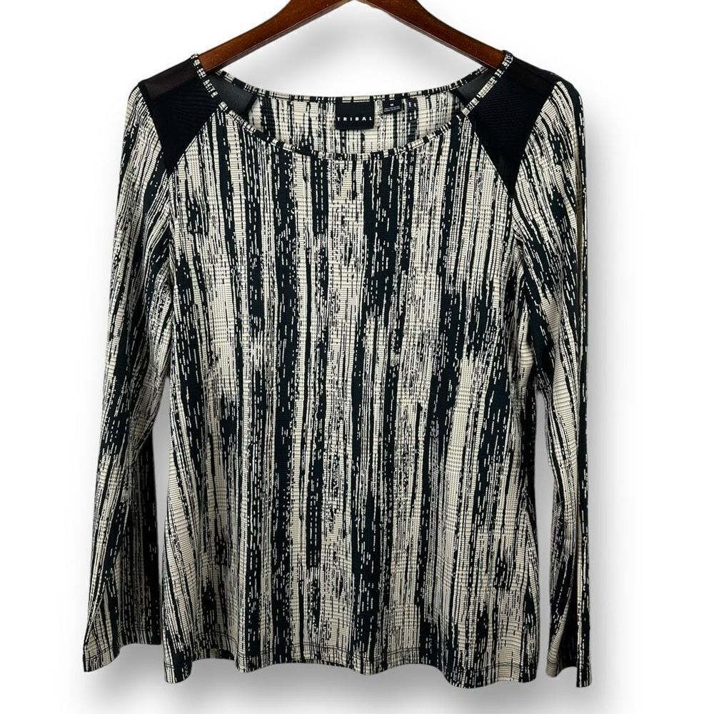 Tribal Women's Size M Long Sleeve Top Black Beige Ikat Stripe
